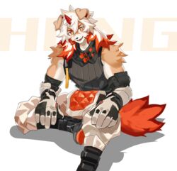  1boy ahonobo animal_ears arknights bare_shoulders black_shirt brown_fur detached_sleeves dog_boy dog_ears dog_tail foot_out_of_frame furry furry_male horns hung_(arknights) looking_at_viewer male_focus medium_hair multicolored_hair muscular muscular_male orange_eyes orange_hair pectorals shirt simple_background single_horn sleeveless sleeveless_shirt smile streaked_hair tail two-tone_fur white_background white_fur white_hair yellow_eyes 