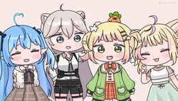  4girls :d ^_^ animal_ears blonde_hair blush_stickers chibi chibi_only closed_eyes dress elf fox_ears fox_girl headpat highres hololive lion_ears lion_girl long_hair mochimiko momosuzu_nene momosuzu_nene_(casual) multiple_girls nekko_(momosuzu_nene) nepolabo oerba_yun_fang official_alternate_costume omaru_polka omaru_polka_(street_casual) open_mouth pink_background pointy_ears shishiro_botan shishiro_botan_(button-down) smile virtual_youtuber yukihana_lamy yukihana_lamy_(casual) 