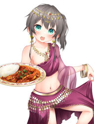  :d absurdres blush bracelet circlet commentary_request crop_top curry dancer earrings female food gem green_eyes grey_hair highres holding holding_plate hololive indian_clothes jewelry looking_at_viewer midriff natsuiro_matsuri navel necklace open_mouth pepushi_drow plate purple_shirt purple_skirt red_gemstone shirt side_ponytail simple_background single-shoulder_shirt single_bare_shoulder single_sleeve skirt skirt_hold smile solo standing standing_on_one_leg stomach teeth upper_teeth_only virtual_youtuber white_background 