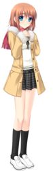  alpha_(yukai_na_nakamatachi) black_ribbon black_skirt black_socks blue_eyes brown_hair closed_mouth coat female full_body fur-trimmed_coat fur_trim game_cg hair_between_eyes highres kneehighs kusaka_aina long_sleeves looking_at_viewer miniskirt neck_ribbon open_clothes open_coat pink_scarf plaid plaid_skirt pleated_skirt ribbon scarf shirt short_hair skirt socks solo standing tachi-e transparent_background w.l.o_sekai_ren&#039;ai_kikou white_footwear white_shirt yellow_coat 