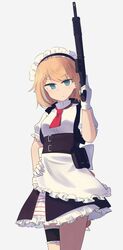  apron aqua_eyes assault_rifle blonde_hair breasts closed_mouth feet_out_of_frame female g36_(girls&#039;_frontline) girls&#039;_frontline gloves gun h&amp;k_g36 hand_on_own_hip highres hinami047 holding holding_weapon looking_at_viewer maid maid_apron maid_headdress medium_hair necktie red_necktie rifle solo standing trigger_discipline weapon white_background white_gloves 