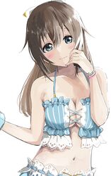  :| bikini blue_bikini blue_eyes breasts brown_hair cleavage cleavage_cutout closed_mouth clothing_cutout cross-laced_bikini cross-laced_clothes eyebrows_hidden_by_hair facing_viewer female frilled_bikini frills hanamaruyama628 head_tilt highres i_cannot_afford_to_slip_here!_(love_live!) love_live! love_live!_nijigasaki_high_school_idol_club love_live!_school_idol_festival_all_stars official_alternate_costume osaka_shizuku sidelighting simple_background solo striped_bikini striped_clothes swimsuit vertical-striped_bikini vertical-striped_clothes white_background 