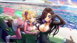  2girls aqua_eyes ass black_bodysuit black_choker black_hair blonde_hair bodysuit breasts butterfly_hair_ornament choker chuunibyou cleavage copyright_notice dolphin_wave hair_ornament hair_over_one_eye highres izumi_kiri jet_ski jewelry kurose_minami large_breasts long_hair looking_at_viewer marvelous multicolored_hair multiple_girls necklace official_art open_bodysuit open_clothes outdoors pink_bodysuit ponytail purple_eyes smile streaked_hair 