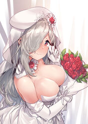  alternate_costume aningay blush bouquet breasts bride cleavage closed_mouth collarbone commentary dress elbow_gloves female flower from_side g36c_(girls&#039;_frontline) g36c_(you_who_steps_up)_(girls&#039;_frontline) girls&#039;_frontline gloves hair_over_one_eye highres holding holding_bouquet large_breasts long_hair looking_at_viewer nose_blush official_alternate_costume red_eyes revision smile solo upper_body wedding_dress white_dress white_gloves white_hair 