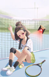  a_san_san absurdres adidas azur_lane ball black_bra black_hair black_headband black_panties blush bra breasts cooper_(azur_lane) cooper_(blazing_tennis_battle)_(azur_lane) female green_skirt hachimaki hair_ornament headband highres looking_at_viewer official_alternate_costume open_mouth panties pantyshot photoshop_(medium) pink_eyes pleated_skirt racket see-through shirt shoes short_hair sitting skirt small_breasts sneakers solo sportswear tennis_ball tennis_court tennis_net tennis_racket tennis_uniform towel underwear white_shirt 