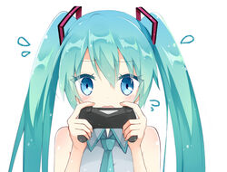  aqua_hair aqua_necktie arms_up bare_shoulders blue_eyes commentary controller eyes_visible_through_hair female hair_ornament hatsune_miku holding holding_controller kamu_(geeenius) looking_at_viewer necktie open_mouth sidelocks simple_background solo twintails vocaloid 