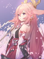  animal_ears blurry cherry_blossoms commentary_request depth_of_field detached_sleeves earrings female fox_ears genshin_impact gohei hair_between_eyes hair_ornament highres holding japanese_clothes jewelry long_hair looking_away obi petals pink_hair purple_eyes sash sidelocks simple_background solo vision_(genshin_impact) wide_sleeves yae_miko yoco_n 