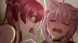  2girls alien_(series) alien_3 animal_ear_fluff animal_ears blush cat_ears close-up closed_eyes commentary_request crazy_eyes fangs hair_behind_ear hololive houshou_marine houshou_marine_(1st_costume) konboi-eg leaning_back medium_hair multiple_girls nekomata_okayu nervous_sweating open_mouth parody purple_hair red_hair saliva scared sharp_teeth short_hair sweat teeth tongue tongue_out twintails virtual_youtuber wide-eyed yellow_eyes 