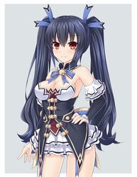  bare_shoulders black_hair blush boots breasts cleavage dress elbow_gloves female frilled_dress frills garter_straps gloves gold_trim hair_ribbon hand_on_own_hip highres kazuneko_(wktk1024) long_hair medium_breasts neptune_(series) noire_(neptunia) red_eyes ribbon sleeveless smile solo twintails very_long_hair 