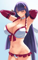  anger_vein armpits arms_behind_head arms_up bare_shoulders bikini blunt_bangs blush breasts choker cleavage closed_eyes closed_mouth collarbone commentary_request cross cross_choker elbow_gloves fate/grand_order fate_(series) female frilled_bikini frills gachou gauntlets gloves highres large_breasts long_hair martha_(fate) martha_(swimsuit_ruler)_(fate) martha_(swimsuit_ruler)_(third_ascension)_(fate) navel partial_commentary purple_hair red_gloves solo straight_hair swimsuit thighs white_bikini 