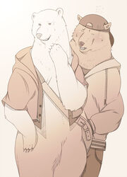  2012 anthro bear blush brown_bear clothing duo grizzly_(shirokuma_cafe) grizzly_bear hat headgear headwear hoodie kemono male mammal polar_bear scar shirokuma shirokuma_cafe shun1124 topwear unavailable_at_source ursine 