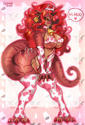  animal_bikini animal_print anthro bikini blush breasts clothed clothing cow_bikini cow_outfit cow_print cowbell digital_media_(artwork) female hair hi_res horn leonifa looking_at_viewer open_mouth pattern_clothing pattern_swimwear red_body red_eyes red_hair reptile scalie shihari short_stack snake solo swimwear thick_thighs wide_hips 