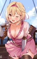  ;o between_legs blonde_hair blue_sky blurry blurry_background blush breasts brown_eyes brown_thighhighs cleavage cloud commentary cowboy_shot djeeta_(granblue_fantasy) dress female fighter_(granblue_fantasy) gloves granblue_fantasy hairband hand_between_legs large_breasts leaning_forward omuretsu one_eye_closed open_mouth outdoors pink_dress pink_hairband short_hair sky solo standing sweat sweatdrop thighhighs 