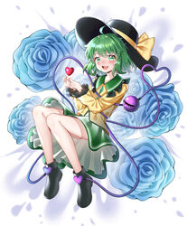  absurdres ahoge ailu_elf blue_flower blue_rose blush chinese_commentary commentary_request female flower frilled_shirt_collar frilled_skirt frilled_sleeves frills green_eyes green_hair hair_between_eyes hat hat_ribbon heart heart_of_string highres komeiji_koishi long_sleeves looking_at_viewer open_mouth petticoat ribbon rose short_hair skirt solo touhou yellow_ribbon 