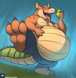  2023 3_toes activision anthro belly belt big_belly bottomwear canid canine canis claws clothed clothing crash_(series) crocodile crocodile_tail crocodilian crocodylid dingo dingodile ears_up fangs feet food fruit hand_on_belly hi_res holding_food holding_fruit holding_object holding_wumpa_fruit hybrid looking_at_viewer male mammal notched_ear obese obese_anthro obese_male one_leg_up open_mouth overweight overweight_anthro overweight_male pants patreon paws plant raised_leg reptile scalie signature solo tanio teeth toe_claws toes tongue tongue_out topless topless_anthro topless_male wumpa_fruit 