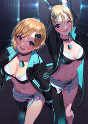  2girls ;d absurdres aiba_yumi black_jacket breasts brown_hair commentary_request dance_on_the_galaxy_(idolmaster) dog_tags grey_hair highres idolmaster idolmaster_cinderella_girls jacket kaiso_(kaisooekaki) looking_at_viewer medium_breasts multiple_girls navel no_shirt official_alternate_costume one_eye_closed open_clothes open_jacket open_mouth shiomi_syuko short_shorts shorts single_leg_pantyhose smile stomach two-sided_fabric two-sided_jacket white_shorts 