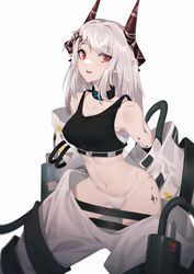  absurdres arknights bare_shoulders black_collar black_sports_bra breasts collar commentary_request cowboy_shot crop_top female highres horns large_breasts long_hair looking_at_viewer material_growth midriff mudrock_(arknights) mudrock_(elite_ii)_(arknights) navel newflame off_shoulder oripathy_lesion_(arknights) panties parted_lips partial_commentary pointy_ears red_eyes sarashi simple_background smile solo sports_bra stomach underwear white_background white_hair white_panties 