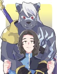  absurd_res anthro bandai_namco black_body black_fur black_hair digimon digimon_(species) digimon_beatbreak duo fur gotm_tknr hair hi_res hug hugging_another hugging_from_behind human kyo_sawashiro male male/male mammal murasamemon muscular muscular_anthro muscular_male pecs red_eyes size_difference white_hair yellow_eyes 