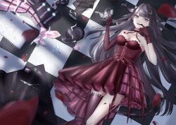  absurdres asymmetrical_gloves blue_eyes bow bow_choker bowtie checkered_floor choker closed_mouth colored_petticoat cross-laced_clothes cross-laced_dress crown drawing_(object) dress elbow_gloves eyeshadow falling_petals finger_to_mouth gloves grey_hair highres holding holding_crown knees lace-trimmed_dress lace-trimmed_gloves lace-trimmed_thighhighs lace_trim layered_dress light_blush light_particles light_rays lilith_(shining_nikki) lipstick long_hair lying makeup mascara mochi_(pixiv_65959589) nikki_(series) notebook on_back on_floor petals pink_eyeshadow red_bow red_bowtie red_choker red_dress red_gloves red_lips red_thighhighs rose_petals scissors shining_nikki single_bare_leg single_elbow_glove single_thighhigh smile strapless strapless_dress thighhighs train_(clothing) two_side_up unworn_clothes very_long_hair voice_of_desire_(shining_nikki) 