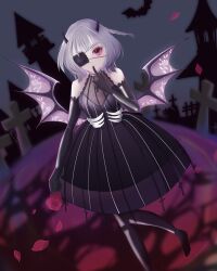  bare_shoulders black_dress black_gloves black_horns black_pantyhose black_shoes bone_print braid breasts castle closed_mouth commentary_request demon_girl demon_horns demon_wings devil&#039;s_whisper_(shining_nikki) dress elbow_gloves eyelashes eyepatch eyeshadow female finger_to_mouth flats flower flower_tattoo foot_out_of_frame gloves graveyard grey_hair highres holding holding_flower horns lace-trimmed_dress lace_trim light_smile makeup medical_eyepatch medium_dress medium_hair night nikki_(series) outdoors pantyhose petals pink_eyes print_pantyhose purple_wings red_eyeshadow red_flower red_rose reina_(pixiv_69502114) rose rose_petals shining_nikki shoes sideboob single_braid small_horns solo striped_clothes striped_dress tattoo vertical-striped_clothes vertical-striped_dress wing_tattoo wings 