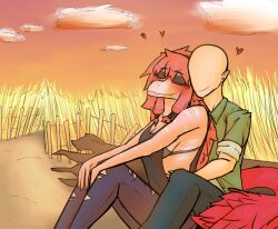  absurd_res anon_(snoot_game) anthro artist_name bald biped black_clothing black_shirt black_tank_top black_topwear blush bottomwear bra breasts cavemanon_studios closed_eyes clothed clothed_anthro clothed_female clothed_human clothed_male clothing cloud colored denim denim_bottomwear denim_clothing dinosaur dromaeosaurid duo evening feathered_tail feathers female fingers goodbye_volcano_high green_clothing green_jacket green_topwear hair happy heart_symbol hi_res hug hugging_another hugging_from_behind human human_on_anthro humanoid_hands interspecies jacket jeans long_hair long_tail male male/female mammal markings mtf_crossgender outside pants pink_body pink_hair prehistoric_species reed_(gvh) reeda reptile romantic romantic_couple rule_63 saurischian scalie shaded shirt side_boob sitting sky smile snoot_game striped_markings stripes tail tank_top text theropod topwear torn_bottomwear torn_clothing torn_pants underwear velociraptor vensaru 