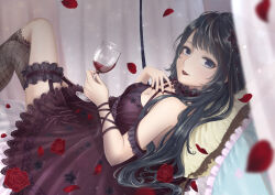 absurdres alcohol asymmetrical_legwear beads black_choker black_flower black_hair black_socks black_thighhighs blue_eyes breasts choker cleavage commentary_request criss-cross_halter cup curtains dress drink drinking_glass falling_petals feet_out_of_frame female fishnet_kneehighs fishnet_thighhighs fishnets flower frilled_dress frilled_thigh_strap frills hair_beads hair_flower hair_ornament hair_spread_out halterneck hand_on_own_chest happy highres holding holding_drink kneehighs knees_up lace-trimmed_dress lace-trimmed_socks lace-trimmed_thighhighs lace_trim light_blush lilith_(shining_nikki) lipstick long_hair lying makeup mascara momota_sakura nail_polish nikki_(series) on_back on_bed parted_lips petals pillow pleated_dress pointy_nose print_dress purple_dress red_flower red_lips red_nails red_rose rose rose_petals shining_nikki single_kneehigh single_sock single_thighhigh sleeveless sleeveless_dress smile socks solo star_(symbol) star_print thigh_strap thighhighs very_long_hair wine wine_glass 