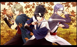  3boys blonde_hair commentary_request eyepatch genderswap_(ftm) gintama glasses highres japanese_clothes karuta410 kiseru kunai male_focus mouth_hold multiple_boys ponytail purple_hair recursive_genderswap rule_63 sarutobi_ayame scar smoking_pipe sword tsukuyo_(gintama) weapon yagyuu_juubei_(gintama) yagyuu_kyuubei 