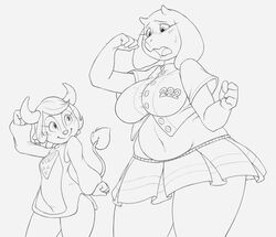  2015 alternate_costume anthro avoid_posting belly big_breasts blush bodily_fluids boss_monster_(undertale) bottomwear bovid bovine breasts buffalo_bell caprine cattle cbee clothing clothing_swap crossover curvy_figure duo female horn mammal mascot monochrome navel nippon_professional_baseball orix_buffaloes skirt slightly_chubby sweat toriel undertale undertale_(series) voluptuous wide_hips 