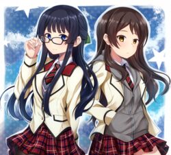  2girls bad_id bad_pixiv_id bespectacled black_hair blazer blue_eyes blush brown_eyes brown_hair closed_eyes collared_shirt commentary_request cowboy_shot glasses half_updo hand_in_pocket high_schoolmate_(idolmaster) highres hood hood_down hoodie idolmaster idolmaster_million_live! idolmaster_million_live!_theater_days jacket kitazawa_shiho kurousagi_yuu light_smile long_hair mogami_shizuka multiple_girls necktie plaid plaid_skirt school_uniform shirt skirt sleeveless sleeveless_hoodie star_(symbol) striped striped_necktie sweater_vest uniform_series_(idolmaster) white_shirt 