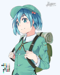  backpack bag blue_eyes blue_hair blush commentary_request dress female hair_bobbles hair_ornament hat highres kawashiro_nitori key long_sleeves looking_at_viewer mumyuu pocket shirt short_hair short_twintails simple_background smile solo touhou twintails white_background 