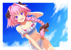  all_male astolfo bikini bow braids clouds fate/extella inugoya long_hair male navel oerba_yun_fang pink_hair ponytail purple_eyes sky swimsuit trap wristwear 