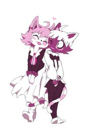  ambiguous_gender beleth_(floraverse) clothed clothing domestic_cat dress duo felid feline felis floraverse mammal ouroporos overalls red_beleth_(floraverse) smile tail tail_around_leg unavailable_at_source white_beleth_(floraverse) 