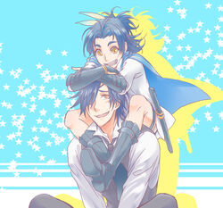  2boys applemac black_hair blue_hair boots cape carrying commentary_request eyepatch feather_hair_ornament feathers hair_ornament male_focus multiple_boys necktie open_mouth photoshop_(medium) shokudaikiri_mitsutada short_sword shoulder_carry smile star_(symbol) sword taikogane_sadamune tantou touken_ranbu weapon yellow_eyes 