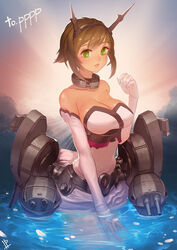  bare_shoulders breasts bridal_gauntlets brown_hair cleavage commentary_request elbow_gloves female gloves green_eyes highres instant_ip kantai_collection large_breasts light_smile lips md5_mismatch mutsu_(kancolle) parted_lips photoshop_(medium) short_hair signature solo white_gloves 