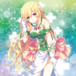  bare_shoulders blonde_hair blue_eyes braid breasts choujigen_game_neptune cleavage commentary d-pad d-pad_hair_ornament dress female french_braid gloves hair_ornament large_breasts long_hair looking_at_viewer narinn neptune_(series) smile solo vert_(neptunia) 