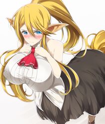  animal_ears bad_id bad_pixiv_id blonde_hair blue_eyes blush breasts centaur centorea_shianus covered_nipples female highres horse_ears horse_tail huge_breasts long_hair looking_at_viewer mizukami_ryouma monster_girl monster_musume_no_iru_nichijou pointy_ears ponytail simple_background sleeveless solo sweatdrop tail taur white_background 