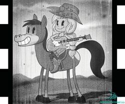  2015 applejack_(eg) black_and_white clothed clothing duo equestria_girls equid equine female feral film_(disambiguation) freckles gloves guitar hair handwear hasbro horse human mammal monochrome musical_instrument my_little_pony nude playing_guitar playing_music plucked_string_instrument ponytail retro saddle sitting smile solo string_instrument text the-butcher-x url 