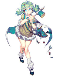  ahoge aqua_neckerchief bag bag_charm bandages bandaid binder_clip blue_eyes blue_footwear book boxcutter bracelet charm_(object) commentary_request daphnis_(destiny_child) destiny_child female frilled_skirt frilled_sleeves frills full_body glasses green_hair hair_ornament hairpin hammer holding holding_hammer holding_weapon jewelry looking_at_viewer loose_socks mary_janes neckerchief pen pencil photoshop_(medium) pika_(kai9464) rimless_eyewear satchel school_uniform scissors shoes simple_background skirt socks solo sweater v-neck watch weapon white_background white_socks wing_collar wristwatch 