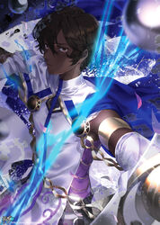  1boy abstract_background absurdres agni_gandiva archer_pose arjuna_(fate) armband bare_shoulders bow_(weapon) brown_eyes brown_hair cape closed_mouth commentary dark-skinned_male dark_skin fate/grand_order fate_(series) highres kyjsogom looking_at_viewer male_focus outstretched_arms photoshop_(medium) serious solo spread_arms standing weapon 