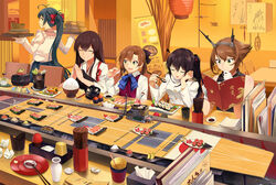  5girls akagi_(aircraft_carrier) akagi_(kancolle) akigumo_(kancolle) antennae apron boat_(tableware) bow bowl brown_hair chopsticks closed_eyes commentary_request female_admiral_(kancolle) fish_(food) flight_deck food gunkanmaki hairbow headgear indoors irako_(kancolle) kantai_collection long_hair makizushi menu_board military military_uniform multiple_girls mutsu_(kancolle) neko_(yanshoujie) nigirizushi open_mouth photoshop_(medium) ponytail rice rice_bowl smile sushi sushi_geta themed_object tray uniform very_long_hair 