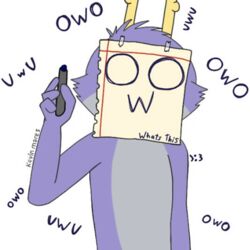  &gt;:3 1:1 anthro antlers bedfellows english_text fatigue_(bedfellows) fur grey_body grey_fur holding_object horn jackalope lagomorph looking_at_viewer male mammal marker mask multicolored_body multicolored_fur owo paper purple_body purple_fur signature simple_background solo standing tape text two_tone_body two_tone_fur vwv white_background wiener-fag 