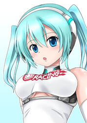  aqua_eyes aqua_hair bare_shoulders breasts commentary_request female goodsmile_racing hatsune_miku hidaka_toworu long_hair photoshop_(medium) racing_miku racing_miku_(2014) solo twintails upper_body vocaloid 