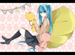  39 aqua_eyes aqua_hair argyle_background bad_id bad_pixiv_id female hair_ornament hairclip hatsune_miku highres kannagi_aohi kneehighs letterboxed long_hair school_uniform serafuku sitting skirt socks solo stuffed_animal stuffed_cat stuffed_rabbit stuffed_toy sweater twintails vocaloid 