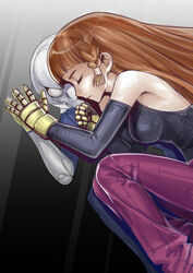  2girls alternate_hair_color bad_id bad_pixiv_id bare_shoulders braid breasts brown_hair candy_diamond closed_eyes commentary_request detached_sleeves different_reflection highres kula_diamond multiple_girls palms_together reflection robot side_braid small_breasts the_king_of_fighters yiran_kong_xian 