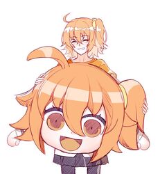  :d ahoge black_pantyhose blush chaldea_uniform closed_eyes commentary fate/grand_order fate_(series) female fujimaru_ritsuka_(female) hair_between_eyes hair_ornament hair_scrunchie holding_mascot_head mascot_costume mascot_head one_side_up open_mouth orange_eyes orange_hair orange_shirt pantyhose parody riyo_(lyomsnpmp)_(style) scrunchie shirt simple_background skirt smile solo style_parody sweat white_background yaoshi_jun yellow_scrunchie 