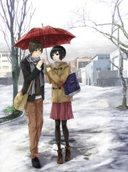  1boy bare_tree black_hair black_legwear black_pantyhose blue_eyes brown_footwear chef_no_kimagure_salad commentary_request day female full_body haunted_campus holding holding_umbrella long_sleeves looking_at_another nada_koyomi official_art open_mouth outdoors pantyhose pink_skirt red_umbrella scarf shared_umbrella short_hair skirt snowing toggles tree umbrella winter winter_clothes yagami_shinji 