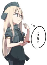  bad_id bad_twitter_id black_dress blonde_hair cropped_jacket dress eating female garrison_cap hat kantai_collection kinosuke_(sositeimanoga) long_hair puffy_short_sleeves puffy_sleeves purple_eyes short_sleeves simple_background solo translated u-511_(kancolle) white_background 