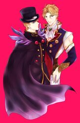  2boys bad_id bad_pixiv_id blonde_hair blue_eyes cape claws detached_sleeves dio_brando dual_persona feathers hat highres jojo_no_kimyou_na_bouken multiple_boys oshiruko_(oshiruko0803) phantom_blood phantom_blood_(film) pink_background red_eyes simple_background top_hat vampire 