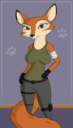  2017 anthro bag belt bottomwear breasts canid canine clothing female fox hi_res looking_at_viewer mammal pants shirt skateryena smile solo spark:_a_space_tail topwear vix_(a_space_tail) 