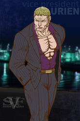  1boy alternate_color belt blonde_hair blue_eyes capcom city collarbone dress_shirt forehead_mark formal kawana male_focus pecs pinstripe_suit street_fighter suit urien 